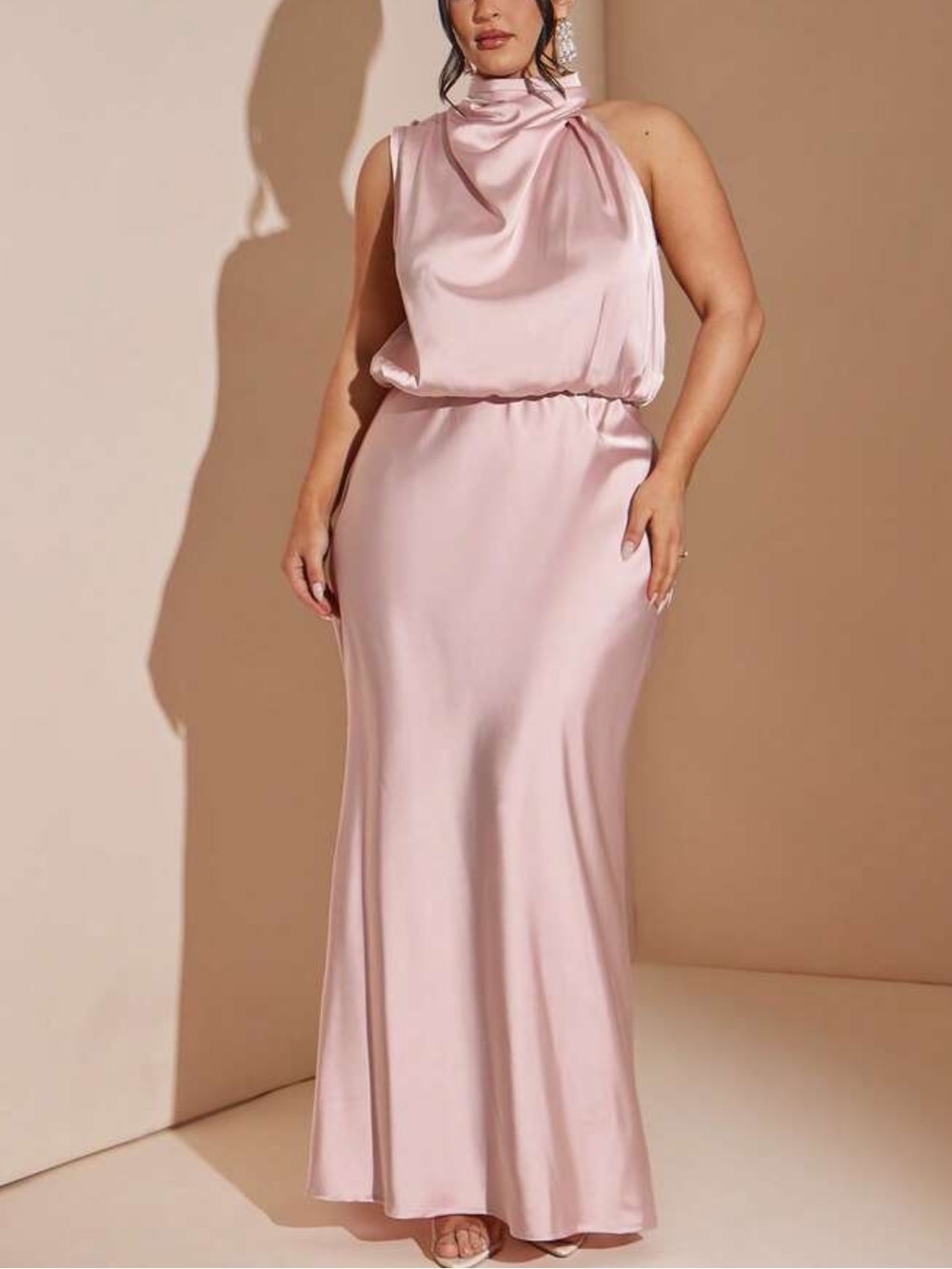 Elegant Pink Satin High-Neck Evening Gown